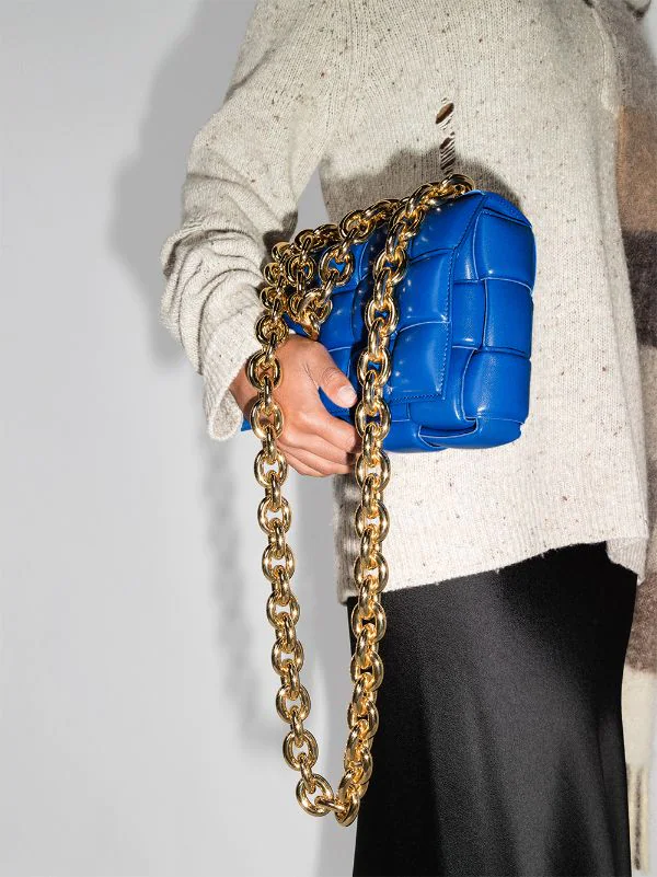 Chain Cassette Bag in Cobalt & Gold by Bottega Veneta