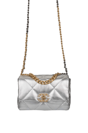 Quilted Metallic Silver Medium 19 Flap Bag by Chanel