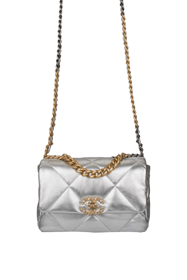 Quilted Metallic Silver Medium 19 Flap Bag by Chanel