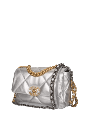 Quilted Metallic Silver Medium 19 Flap Bag by Chanel
