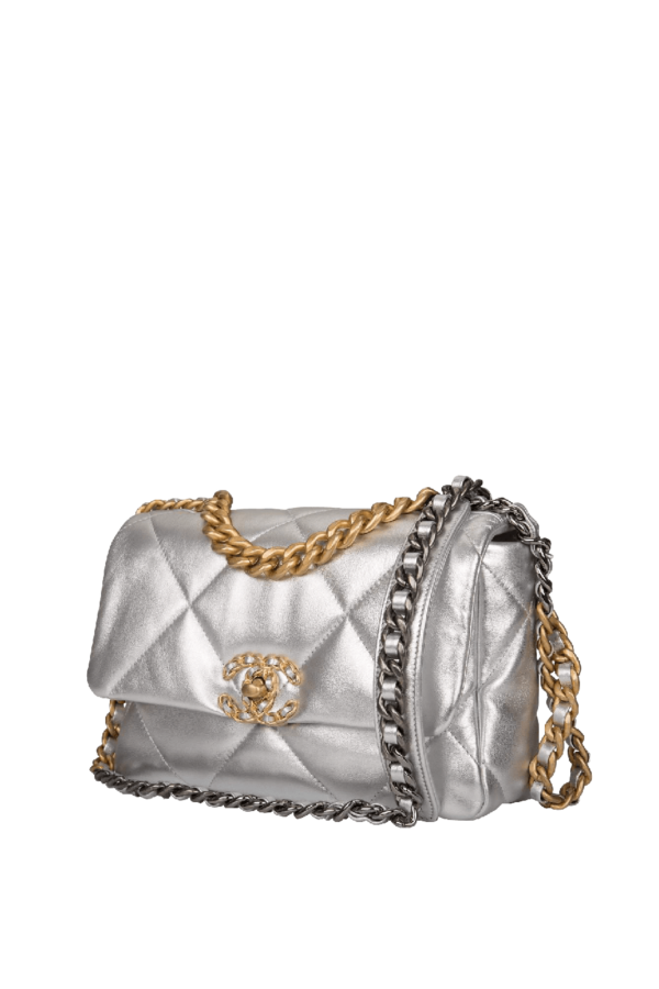 Quilted Metallic Silver Medium 19 Flap Bag by Chanel